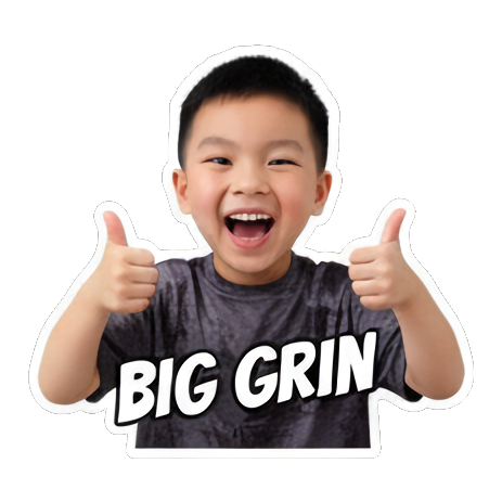 Boy showing big grin, thumbs up. Boy's Expressive Emoticons sticker for expressive chats and social replies.