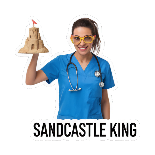 Doctor holding sandcastle. Doctor's Beach Holiday sticker for expressive chats and social replies.