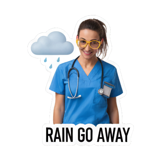 Nurse unhappy about rain. Doctor's Beach Holiday sticker for expressive chats and social replies.