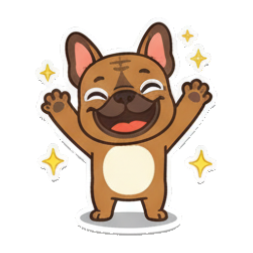 Happy dog, arms up, sparkling. French Bulldog Fun sticker for expressive chats and social replies.