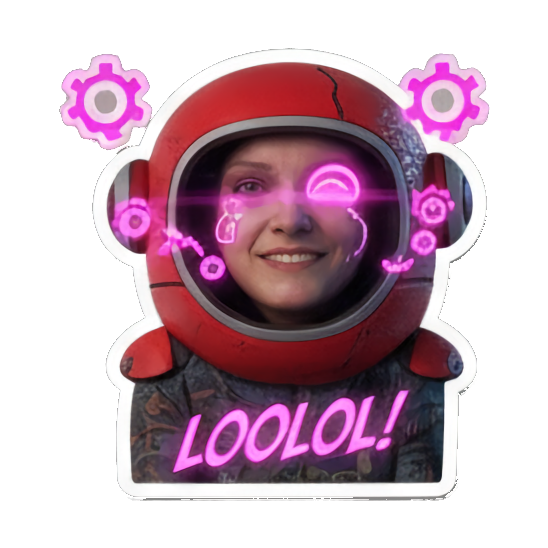 宇航员女性惊恐不安“SYIIND” Cyberpunk Tech Emotions sticker for expressive chats and social replies.
