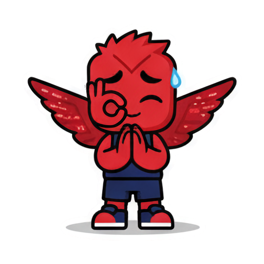 Shy chibi praying hands. Little Red Winged Chibi sticker for expressive chats and social replies.