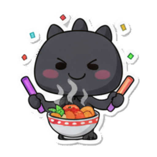Cooking monster stirring a bowl of hot food. Chibi Dark Monster Daily sticker for expressive chats and social replies.