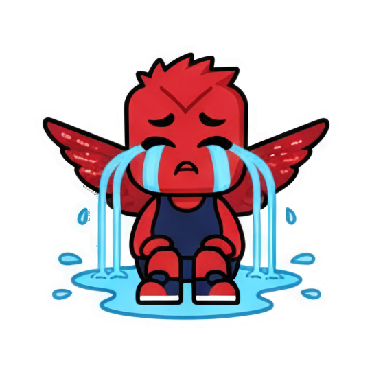 Crying chibi with tears. Little Red Winged Chibi sticker for expressive chats and social replies.