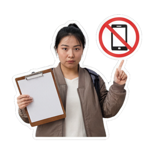 老师拿着剪贴板，禁止“NO PHONES!”，准备“POP QUIZ!”。 Teacher's School Life sticker for expressive chats and social replies.