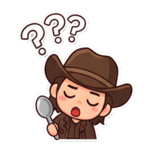 Confused cowboy thinking with a spoon. Chibi Cowboy Express sticker for expressive chats and social replies.