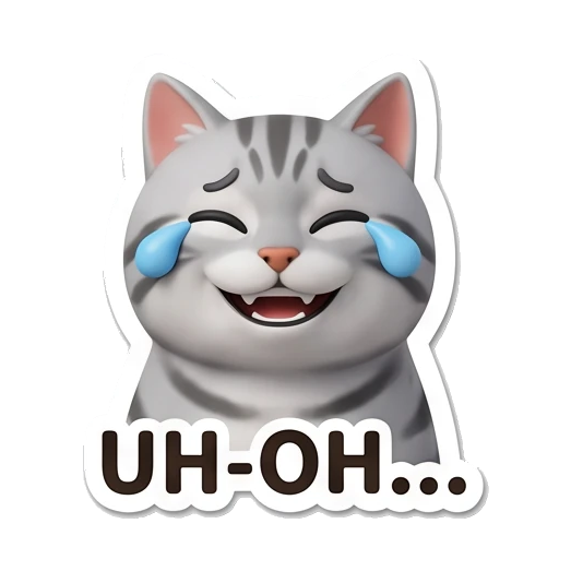 Gray tabby cat laughing with tears of joy with UH-OH text Cheerful Gray Tabby Cat sticker for expressive chats and social replies.