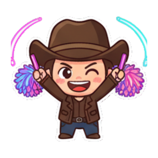 Cheering cowboy with pom-poms, enthusiastic. Chibi Cowboy Express sticker for expressive chats and social replies.