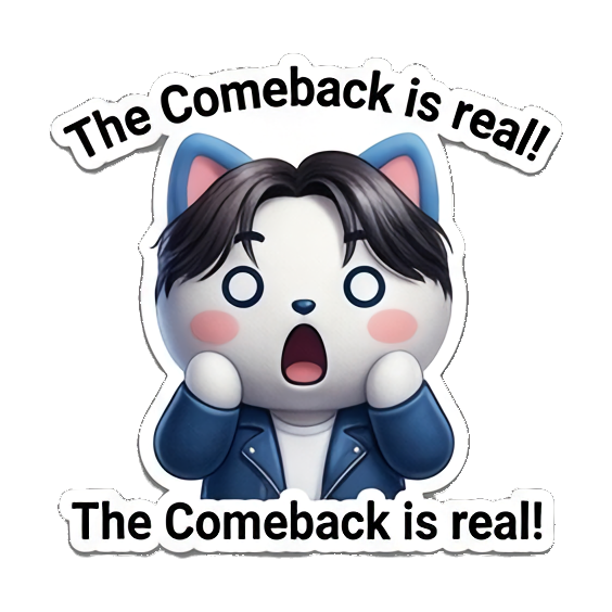 Shocked cat, 'The Comeback is real!' K-Pop Fan Cat Stickers sticker for expressive chats and social replies.