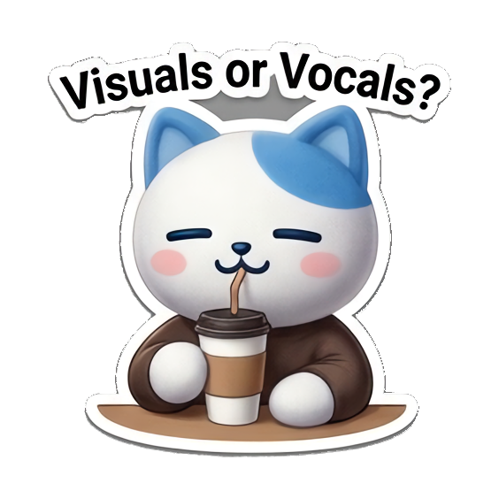 Relaxed cat drinking coffee, 'Visuals or Vocals?' K-Pop Fan Cat Stickers sticker for expressive chats and social replies.
