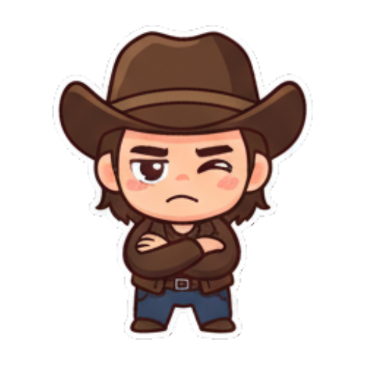 Annoyed cowboy with arms crossed. Chibi Cowboy Express sticker for expressive chats and social replies.