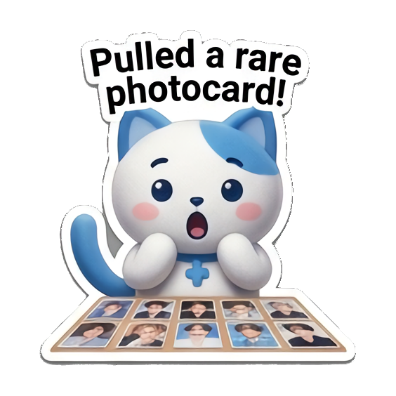Surprised cat with photocard, 'Pulled a rare photocard!' K-Pop Fan Cat Stickers sticker for expressive chats and social replies.