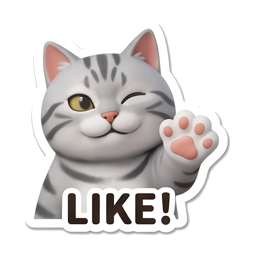 Gray tabby cat winking and waving paw with LIKE text Cheerful Gray Tabby Cat sticker for expressive chats and social replies.