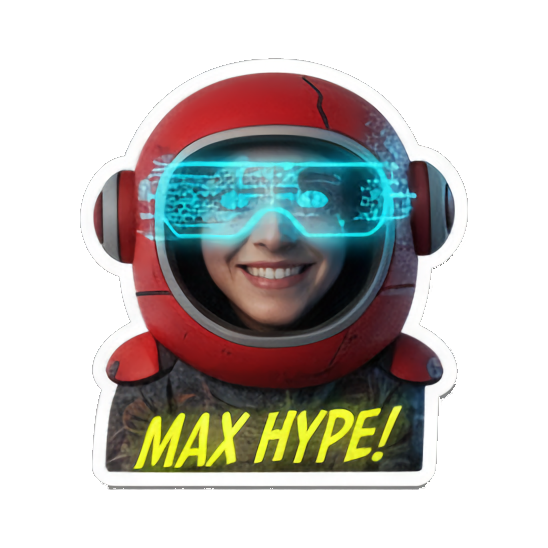 宇航员女性兴奋高呼“MAX HYPE!” Cyberpunk Tech Emotions sticker for expressive chats and social replies.