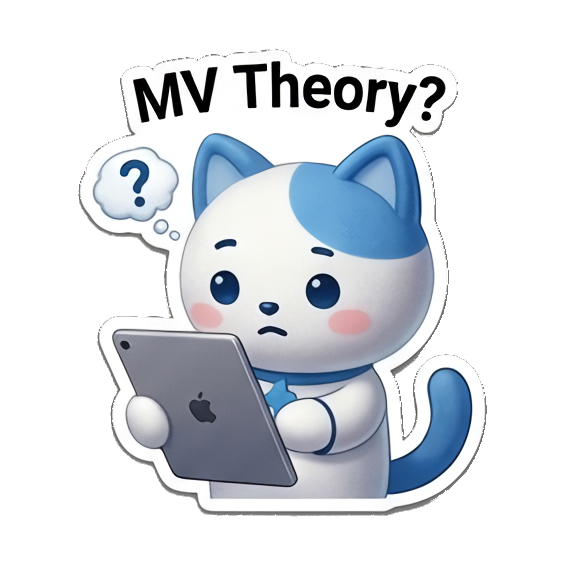 Confused cat with tablet, 'MV Theory?' K-Pop Fan Cat Stickers sticker for expressive chats and social replies.