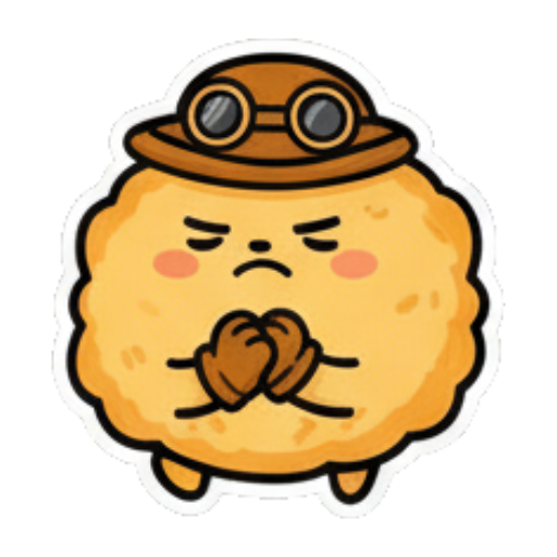 Apologetic fluffball with folded hands. Steampunk Fluffball Adventures sticker for expressive chats and social replies.