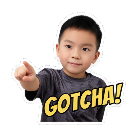 Boy pointing, saying 'GOTCHA!'. Boy's Expressive Emoticons sticker for expressive chats and social replies.