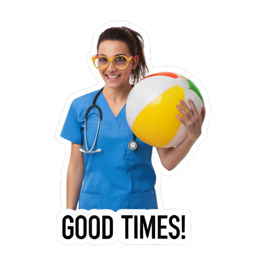 Woman happily holding ball. Doctor's Beach Holiday sticker for expressive chats and social replies.