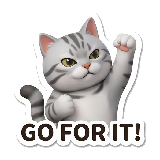 Gray tabby cat raising one paw in encouragement with GO FOR IT text Cheerful Gray Tabby Cat sticker for expressive chats and social replies.