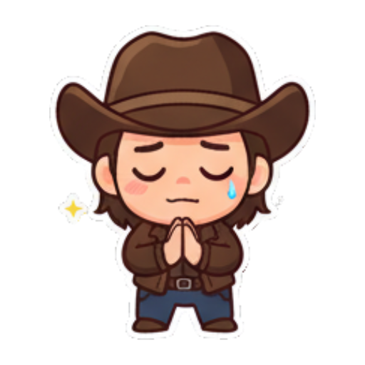 Grateful cowboy praying with sparkling eyes. Chibi Cowboy Express sticker for expressive chats and social replies.