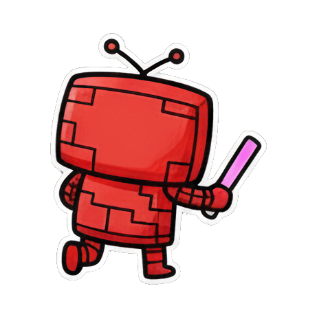 机器人拿着小棒棒糖吃东西 Red Robot Emoticons sticker for expressive chats and social replies.