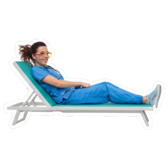 Woman relaxing on chair. Doctor's Beach Holiday sticker for expressive chats and social replies.