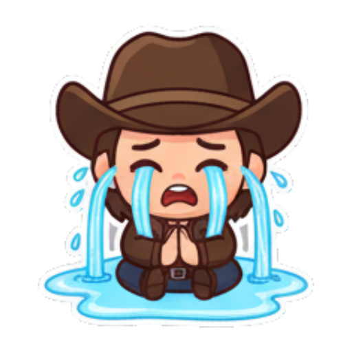 Heartbroken cowboy crying a river. Chibi Cowboy Express sticker for expressive chats and social replies.