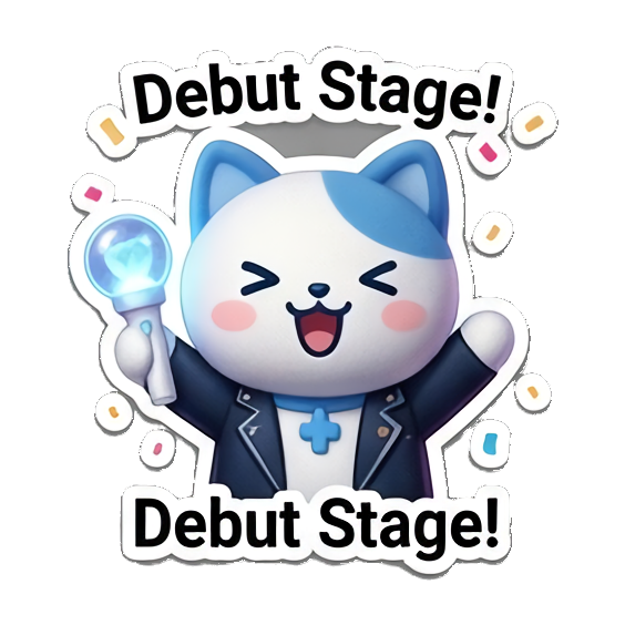 Excited cat on debut stage, 'Debut Stage!' K-Pop Fan Cat Stickers sticker for expressive chats and social replies.