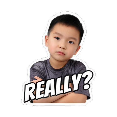 Boy pondering, 'REALLY?'. Boy's Expressive Emoticons sticker for expressive chats and social replies.