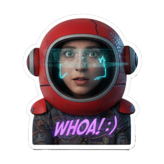 宇航员女性沉思冥想“IMMA.UNIT” Cyberpunk Tech Emotions sticker for expressive chats and social replies.