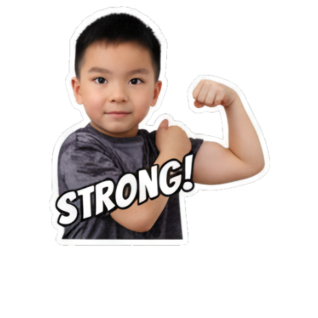Boy flexing muscles, 'STRONG!'. Boy's Expressive Emoticons sticker for expressive chats and social replies.