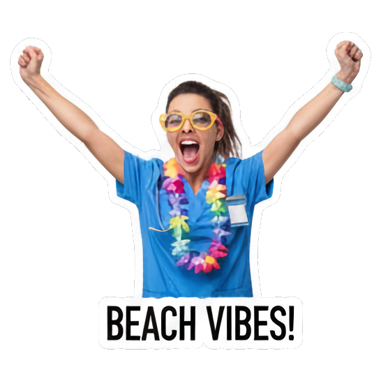 Female doctor celebrating beach. Doctor's Beach Holiday sticker for expressive chats and social replies.