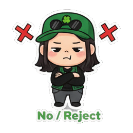 叉手摇头表示拒绝 Green Clover Girl Expressive sticker for expressive chats and social replies.