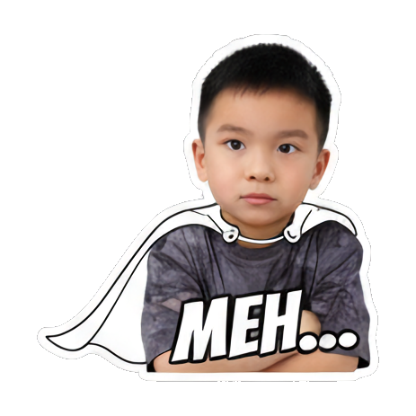 Boy shrugging, feeling 'MEH...'. Boy's Expressive Emoticons sticker for expressive chats and social replies.