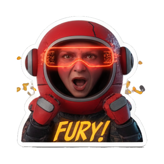 宇航员女性惊讶疑问“SYNTA ERROR?” Cyberpunk Tech Emotions sticker for expressive chats and social replies.