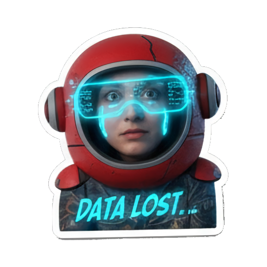 宇航员女性困惑迷茫“DATA LOST..” Cyberpunk Tech Emotions sticker for expressive chats and social replies.