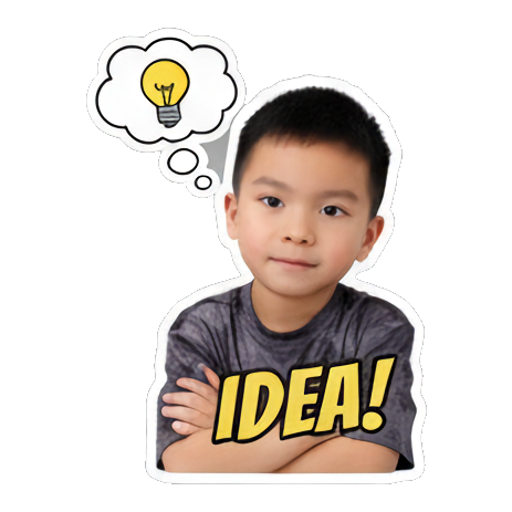 Boy having an idea, 'IDEA!'. Boy's Expressive Emoticons sticker for expressive chats and social replies.