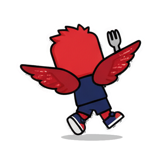 Chibi running with fork. Little Red Winged Chibi sticker for expressive chats and social replies.