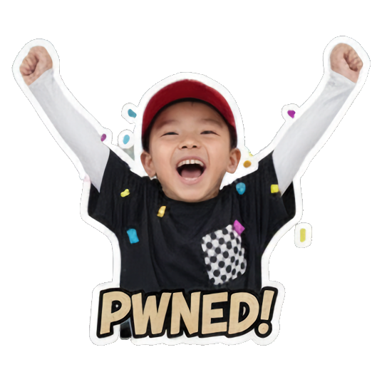 Boy celebrates victory with 'PWNED!' hands up. Game Night Kid sticker for expressive chats and social replies.