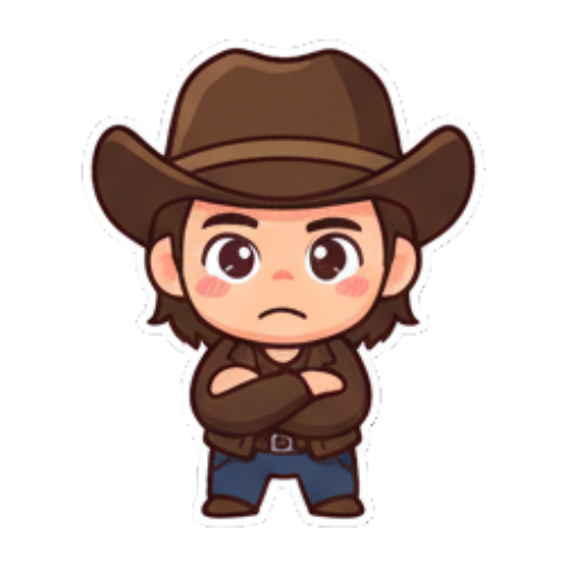 Sad cowboy pouting, arms crossed. Chibi Cowboy Express sticker for expressive chats and social replies.