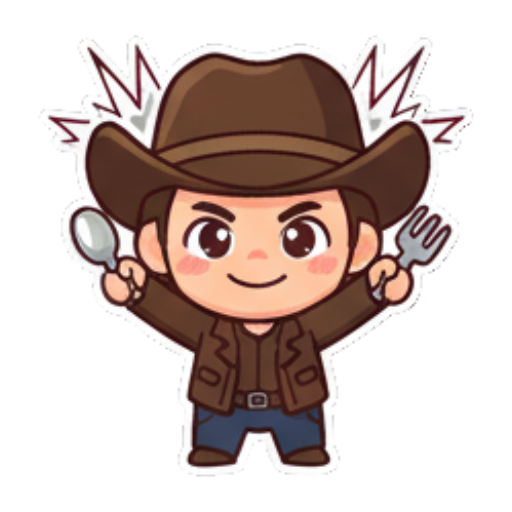 Hungry cowboy ready to eat with fork and spoon. Chibi Cowboy Express sticker for expressive chats and social replies.