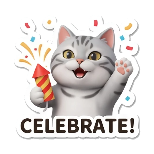 Gray tabby cat holding a firework rocket with CELEBRATE text Cheerful Gray Tabby Cat sticker for expressive chats and social replies.