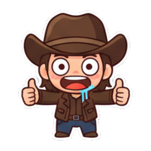 Excited cowboy giving thumbs up, drooling. Chibi Cowboy Express sticker for expressive chats and social replies.