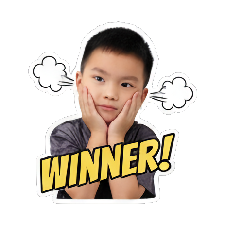 Boy confident, saying 'WINNER!'. Boy's Expressive Emoticons sticker for expressive chats and social replies.