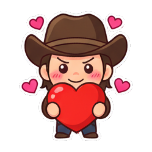 Loving cowboy holding a big red heart. Chibi Cowboy Express sticker for expressive chats and social replies.