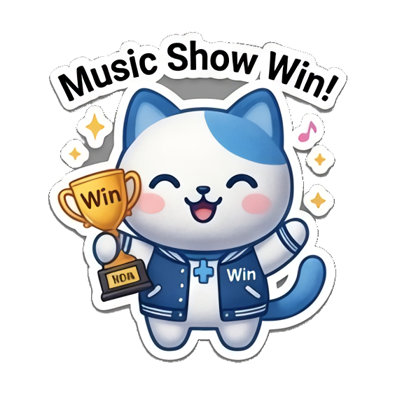 Cheerful cat with trophy, 'Music Show Win!' K-Pop Fan Cat Stickers sticker for expressive chats and social replies.