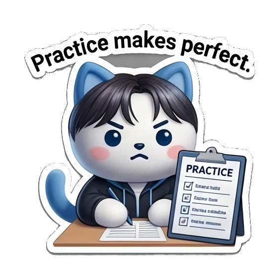 Serious cat studying, 'Practice makes perfect.' K-Pop Fan Cat Stickers sticker for expressive chats and social replies.