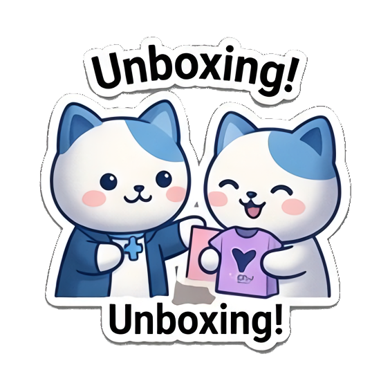 Two happy cats unboxing, 'Unboxing!' K-Pop Fan Cat Stickers sticker for expressive chats and social replies.