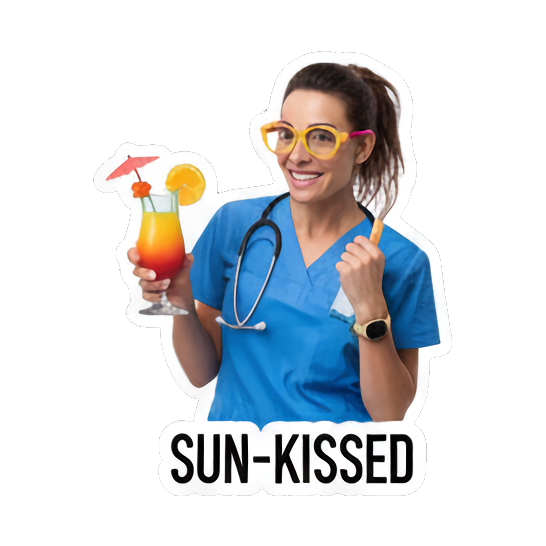 Woman enjoying tropical drink. Doctor's Beach Holiday sticker for expressive chats and social replies.