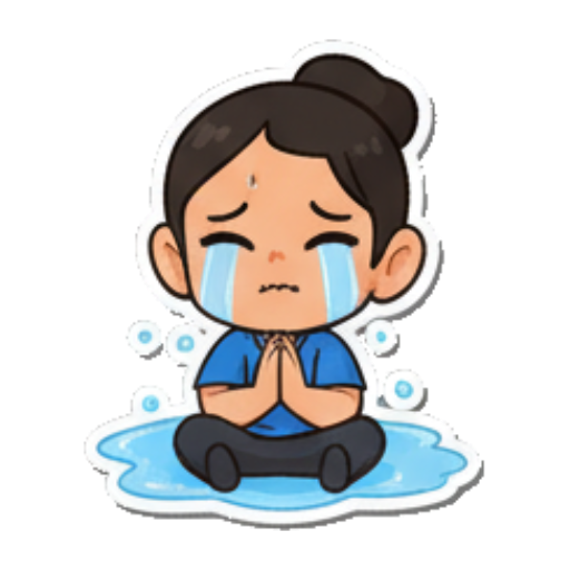 Crying sadly, sitting in a puddle of tears. Chibi Girl Daily Emotions sticker for expressive chats and social replies.